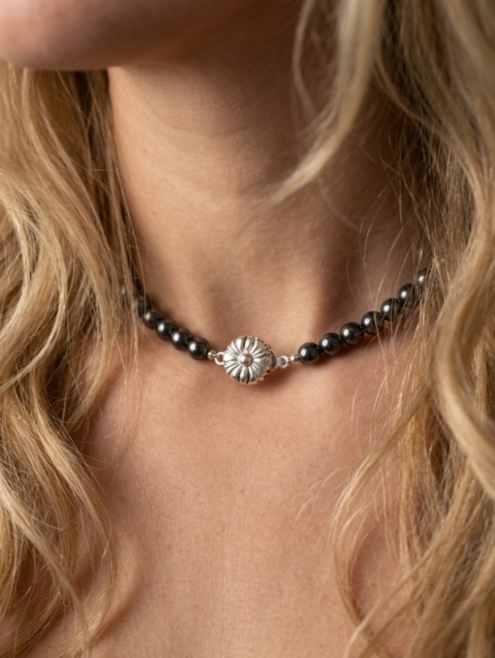 Sterling Silver Floral Clasp Hematite Magnetic Necklace